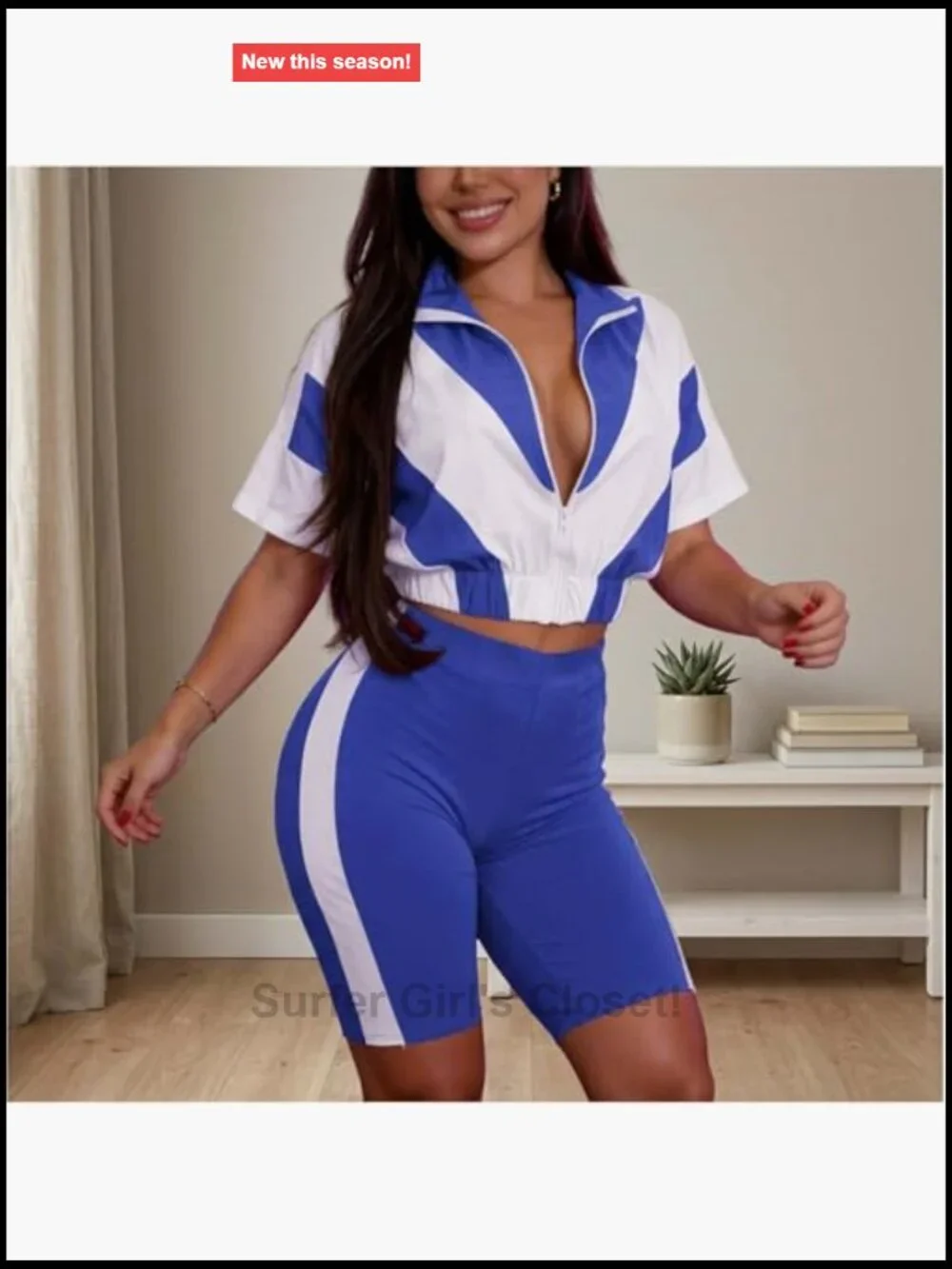 2 Piece Color Block Zip Up Cropped Jacket & Bodycon Shorts Lounge Set